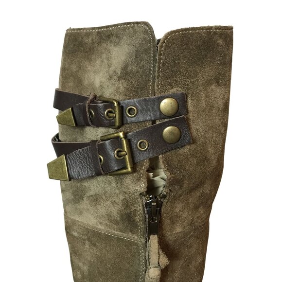 VERY VOLITILE Tan Suede Knee High Boots Womens 7 Side Zip Straps - Picture 4 of 14
